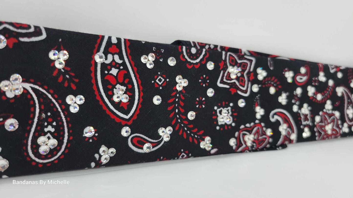 Narrow Black and Red Scatter Paisley Bandana with Diamond Clear Austrian Crystals (Sku1687)