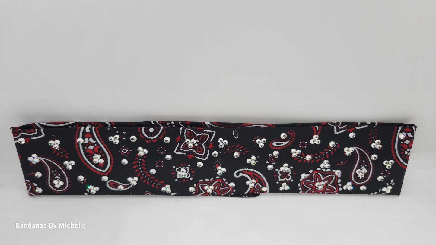 Narrow Black and Red Scatter Paisley Bandana with Diamond Clear Austrian Crystals (Sku1687)