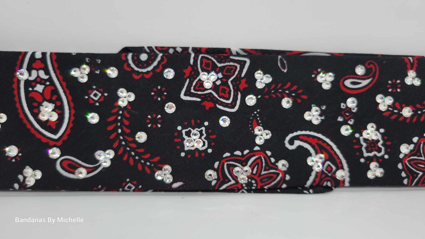 Narrow Black and Red Scatter Paisley Bandana with Diamond Clear Austrian Crystals (Sku1687)