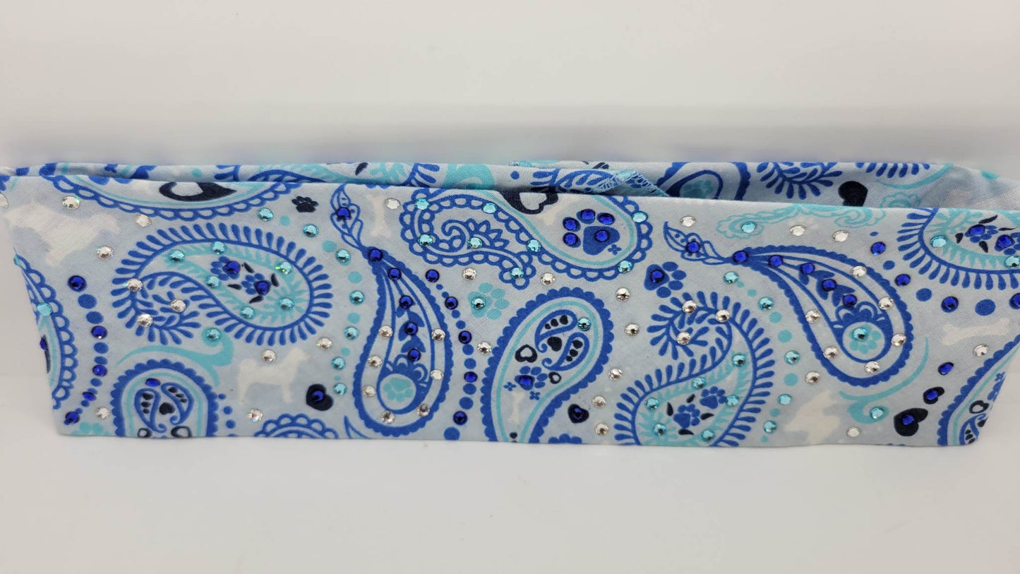 Puppy Paws Blue Paisleys Bandana with Blue, Aqua and Diamond Clear Austrian Crystals (Sku1795)