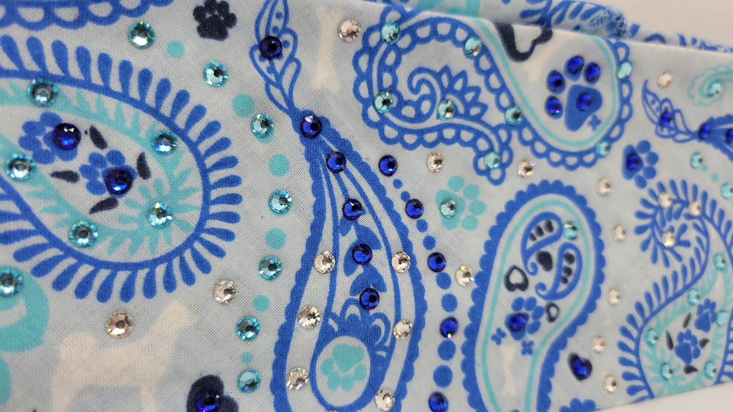 Puppy Paws Blue Paisleys Bandana with Blue, Aqua and Diamond Clear Austrian Crystals (Sku1795)