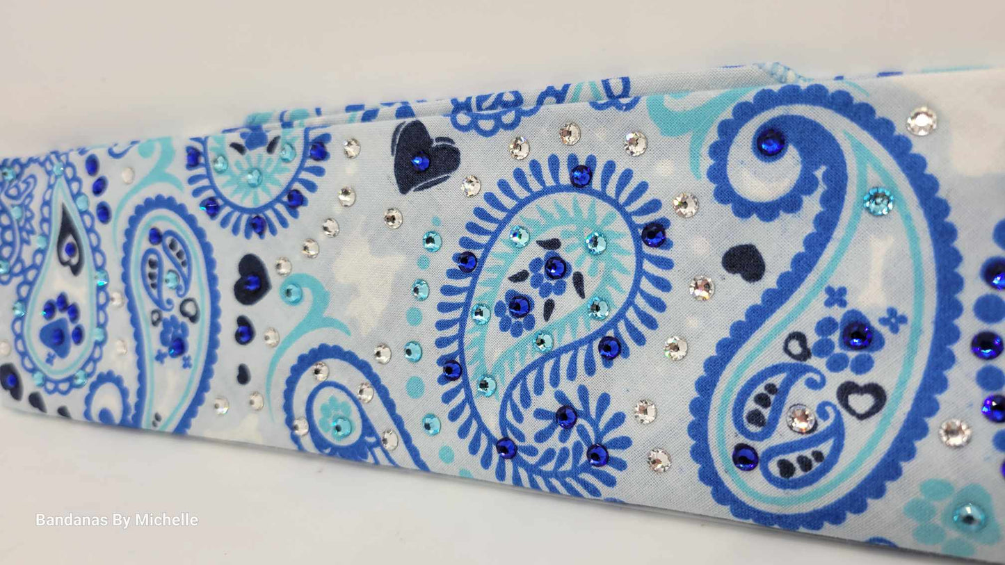 Narrow Puppy Paws Blue Paisleys Bandana with Blue, Aqua and Diamond Clear Austrian Crystals (Sku1796)