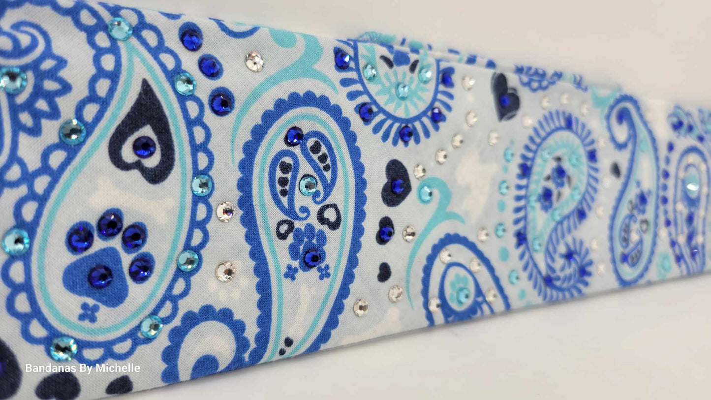Narrow Puppy Paws Blue Paisleys Bandana with Blue, Aqua and Diamond Clear Austrian Crystals (Sku1796)