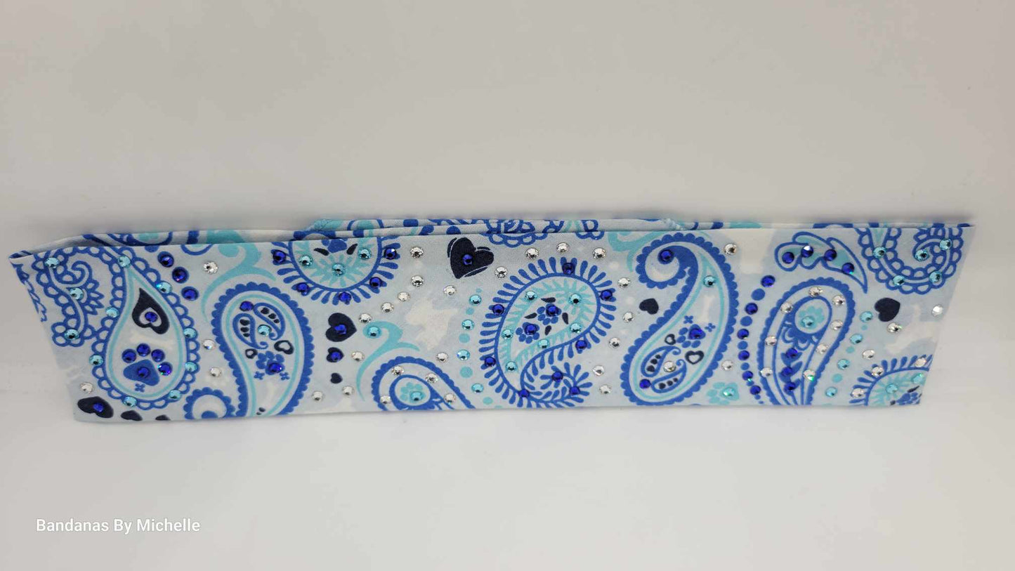 Narrow Puppy Paws Blue Paisleys Bandana with Blue, Aqua and Diamond Clear Austrian Crystals (Sku1796)