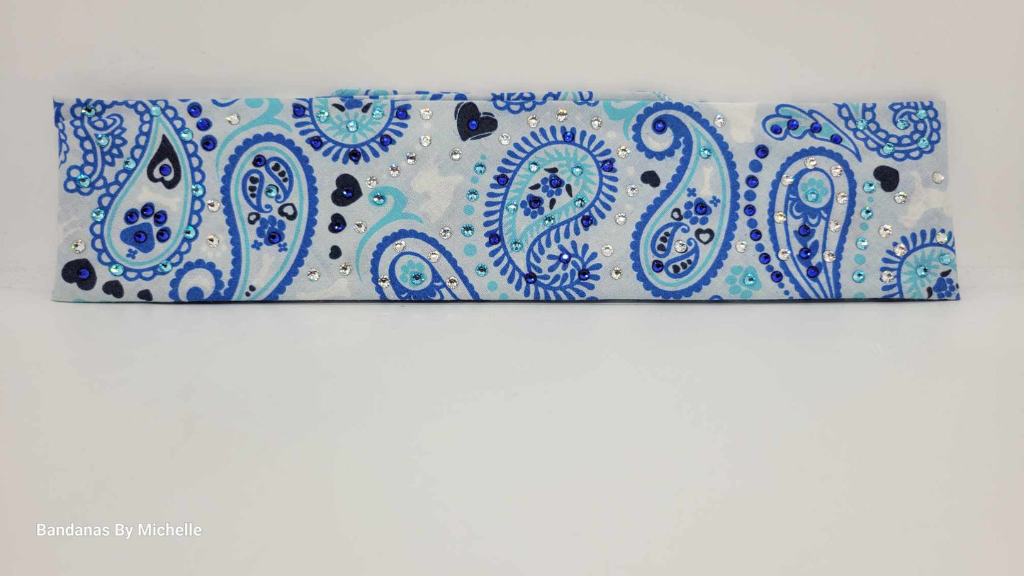 Narrow Puppy Paws Blue Paisleys Bandana with Blue, Aqua and Diamond Clear Austrian Crystals (Sku1796)