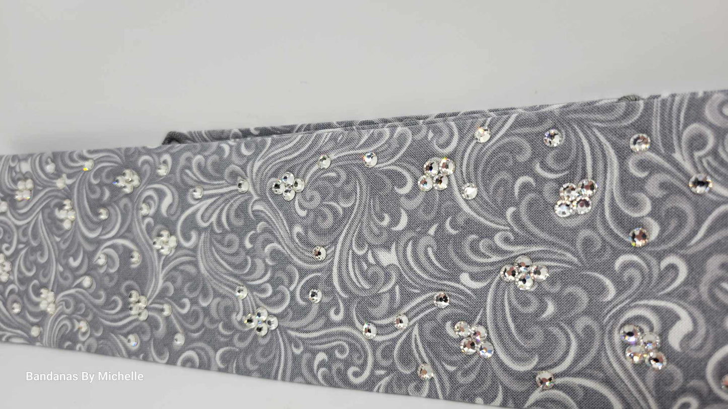 Narrow Gray Scroll Bandana with Diamond Clear Austrian Crystals (Sku1830)