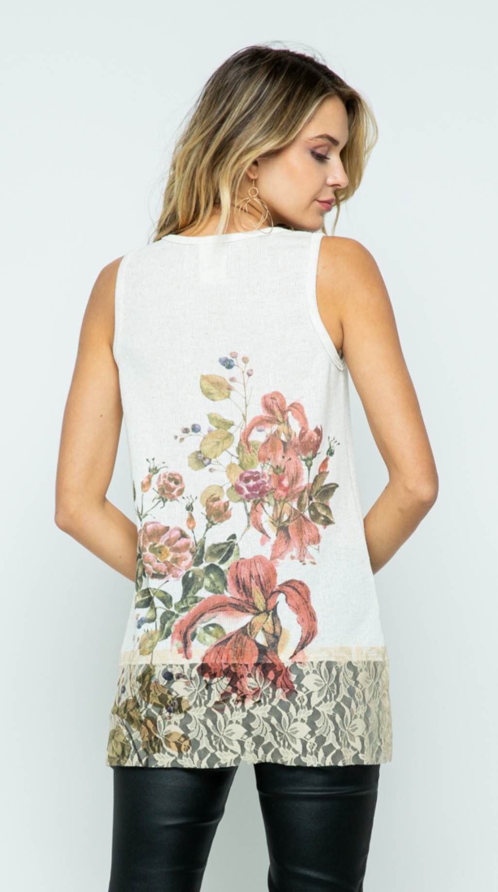 Floral Off-White Tank with Lace