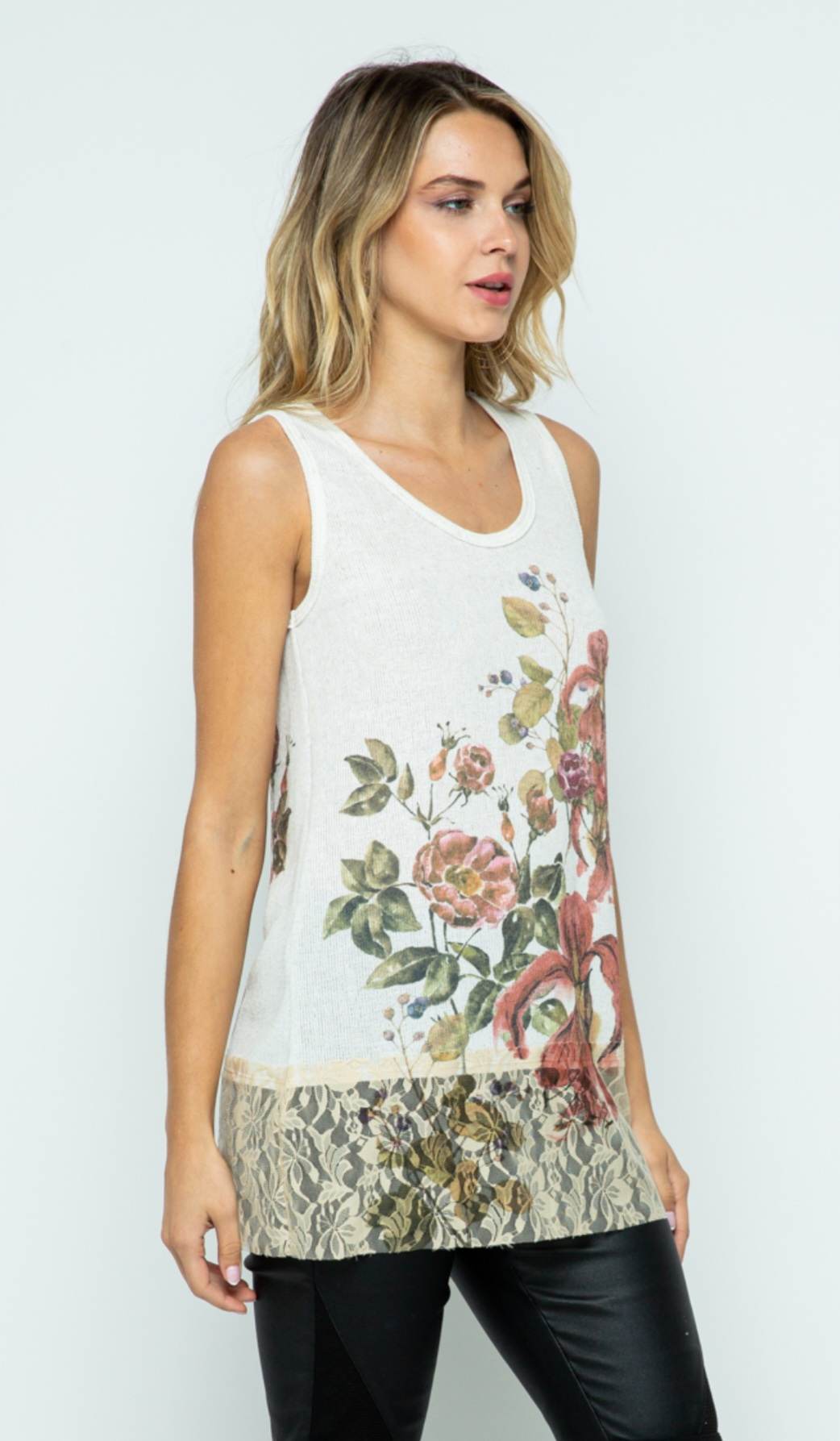 Floral Off-White Tank with Lace