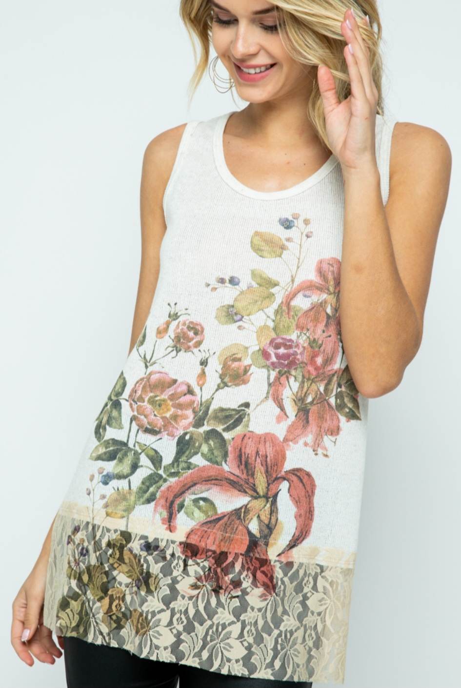 Floral Off-White Tank with Lace