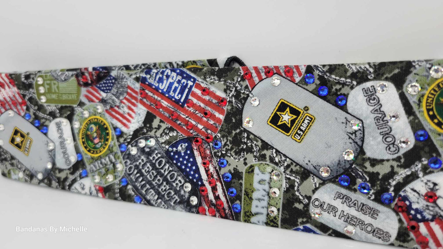 Narrow Army Bandana with Red, Blue and Diamond Clear Austrian Crystals (Sku1883)