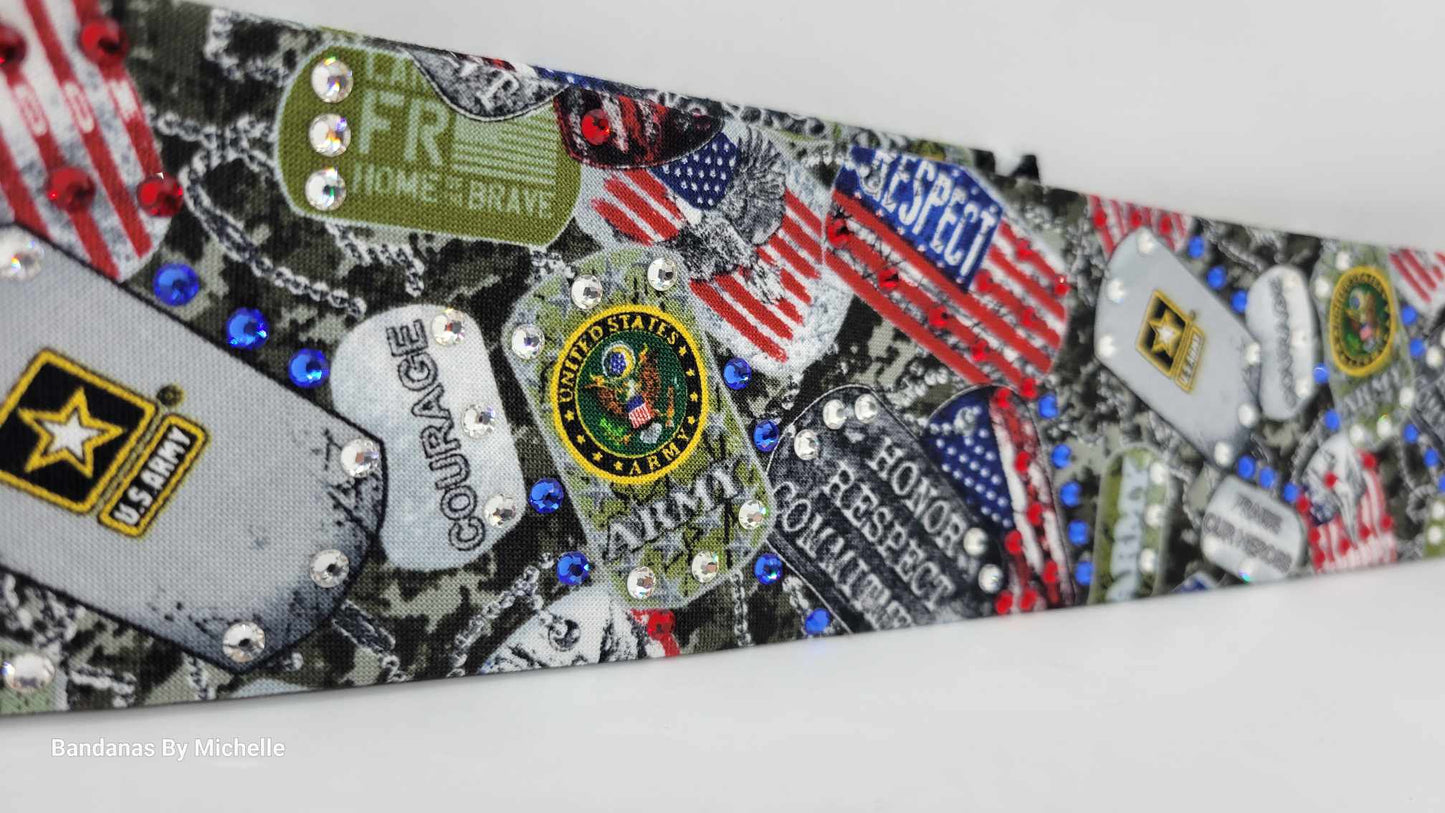 Narrow Army Bandana with Red, Blue and Diamond Clear Austrian Crystals (Sku1883)
