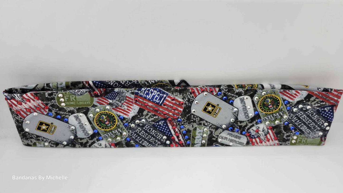 Narrow Army Bandana with Red, Blue and Diamond Clear Austrian Crystals (Sku1883)