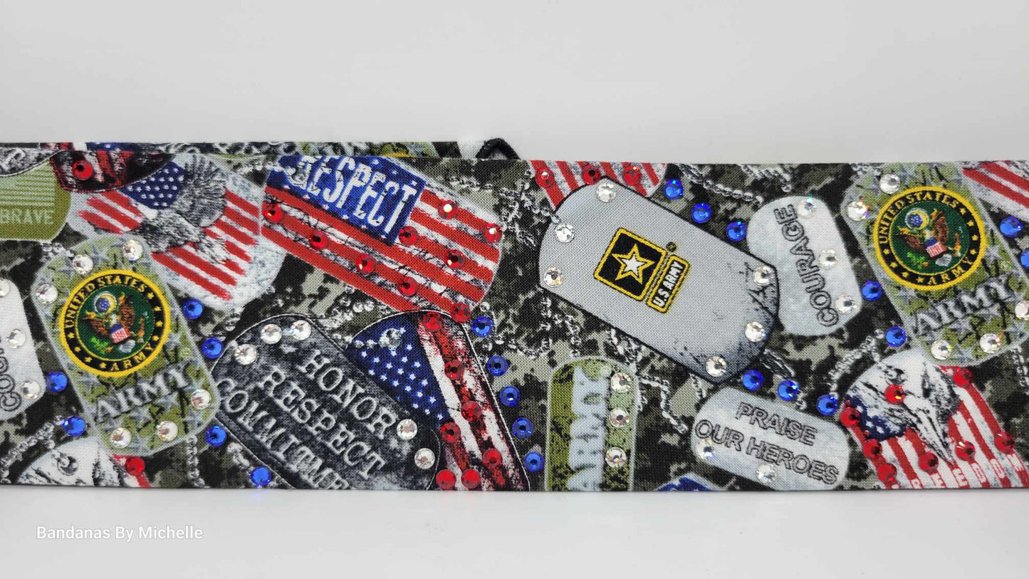 Narrow Army Bandana with Red, Blue and Diamond Clear Austrian Crystals (Sku1883)