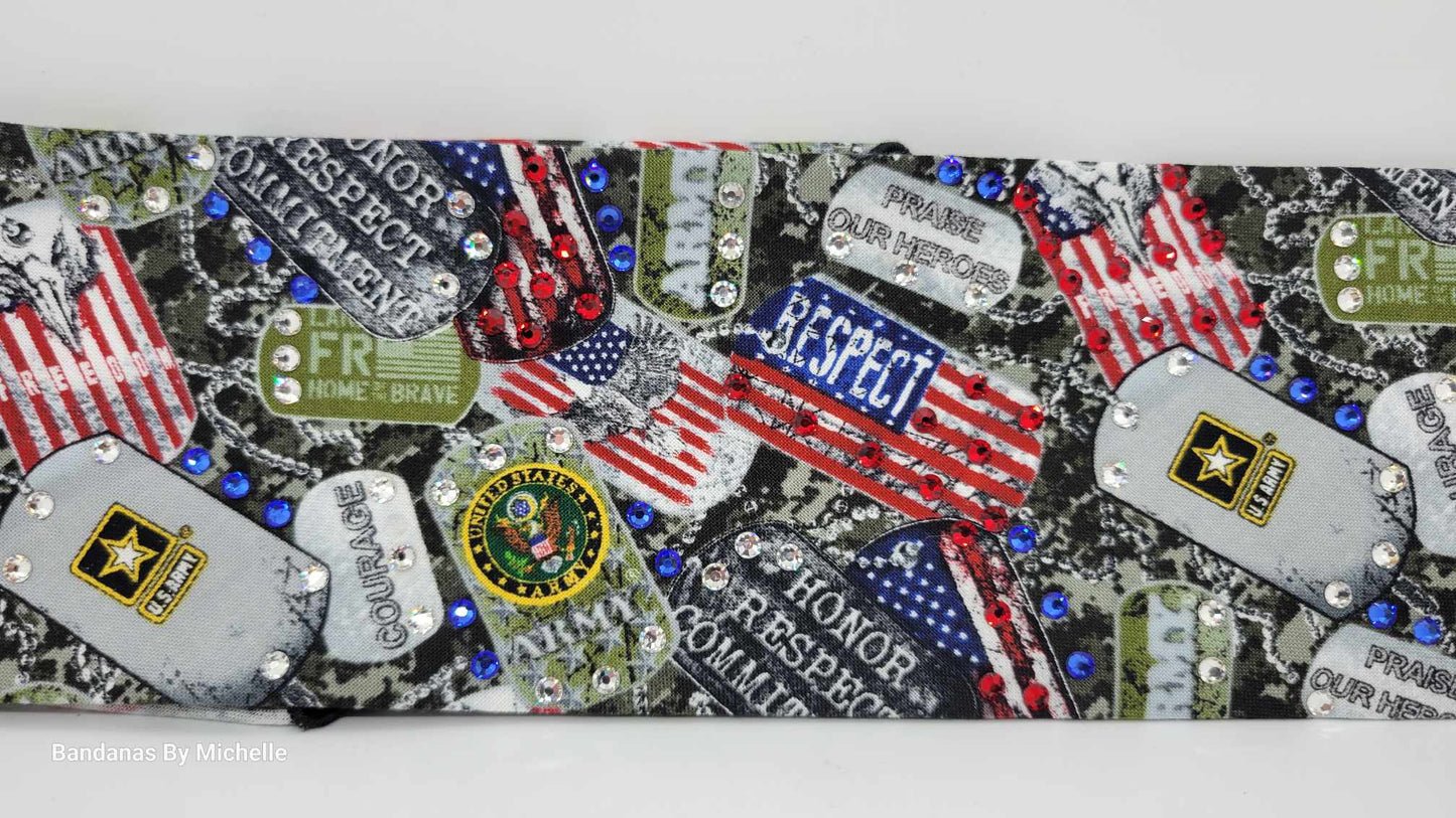 Army Bandana with Red, Blue and Diamond Clear Austrian Crystals (Sku1884)