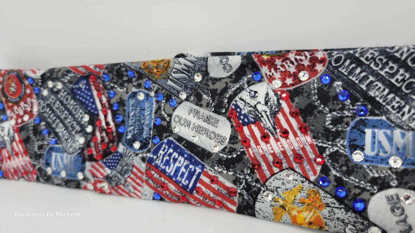 Narrow Marine Corp Bandana with Red, Blue and Diamond Austrian Crystals (Sku1885)