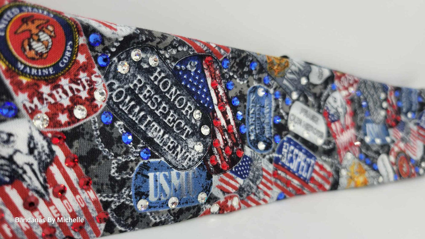 Narrow Marine Corp Bandana with Red, Blue and Diamond Austrian Crystals (Sku1885)