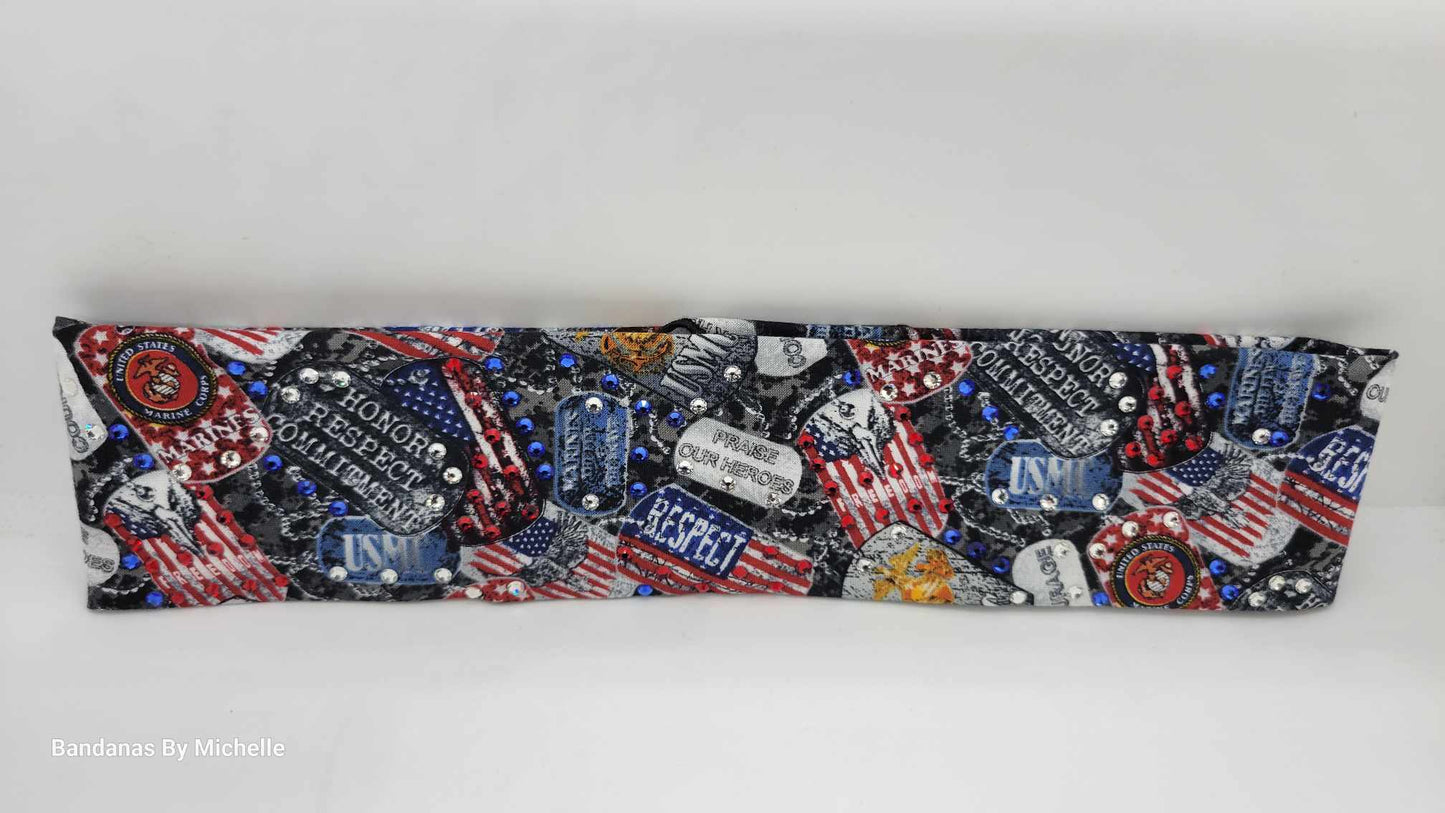Narrow Marine Corp Bandana with Red, Blue and Diamond Austrian Crystals (Sku1885)