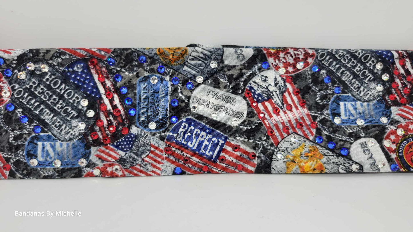 Narrow Marine Corp Bandana with Red, Blue and Diamond Austrian Crystals (Sku1885)
