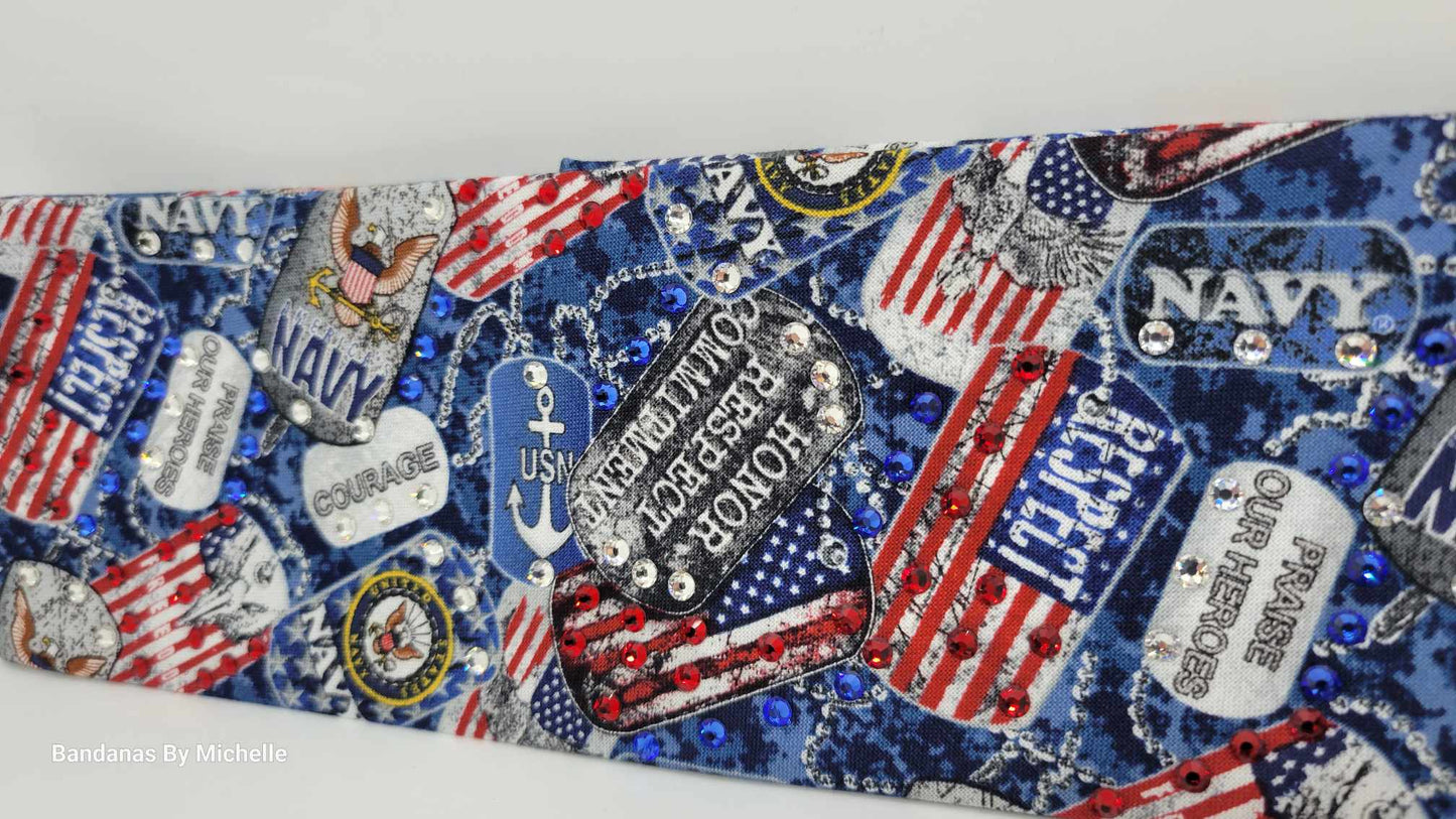 Navy Bandana with Red, Blue and Diamond Clear Austrian Crystals (Sku1886)