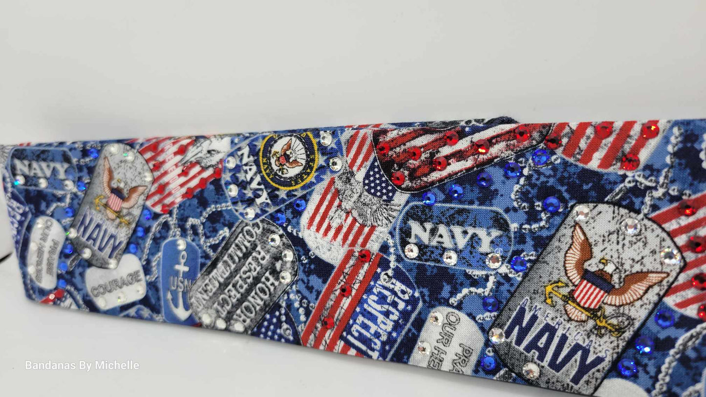 Narrow Navy Bandana with Red, Blue and Diamond Clear Austrian Crystals (Sku1887)