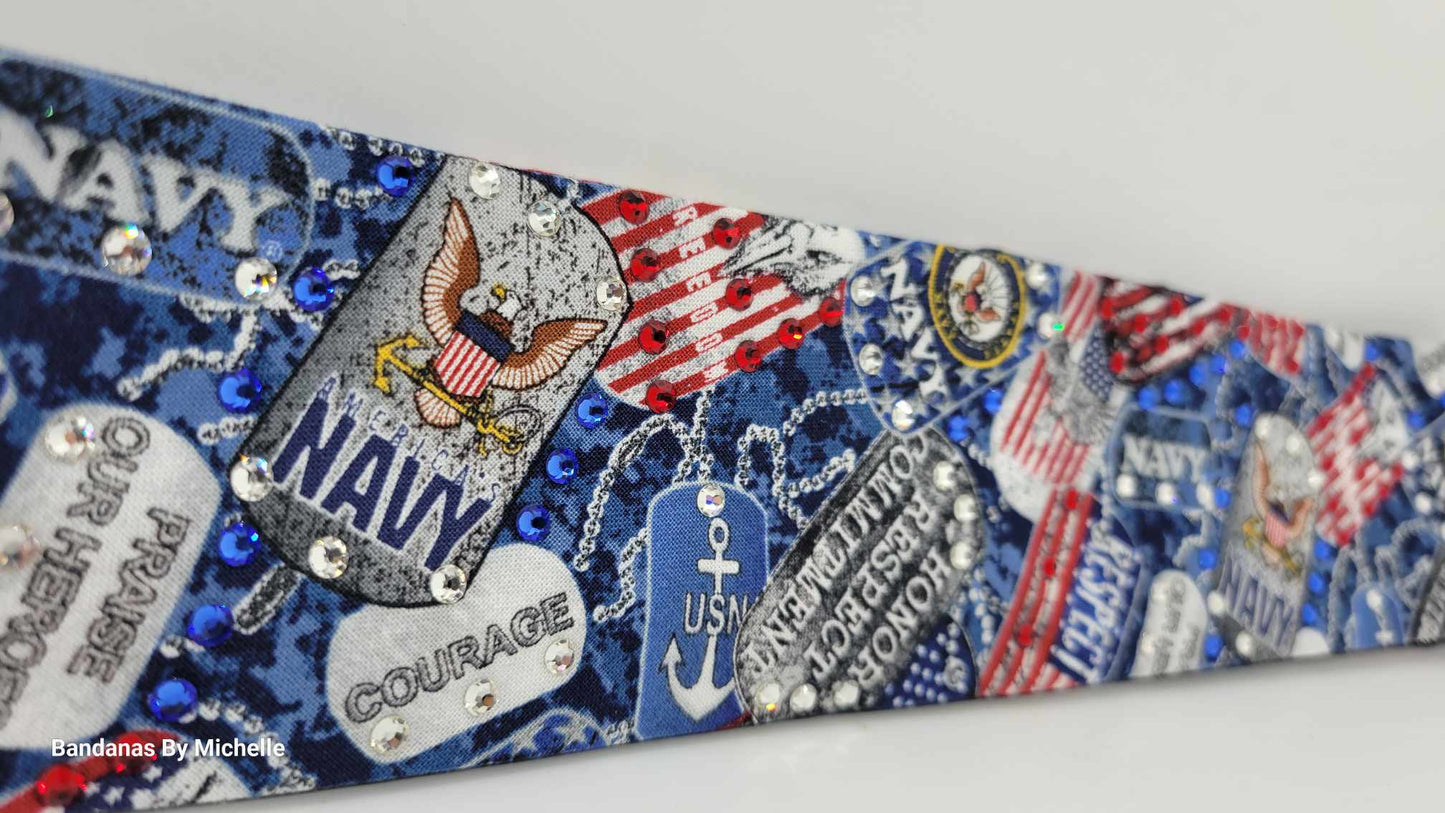 Narrow Navy Bandana with Red, Blue and Diamond Clear Austrian Crystals (Sku1887)