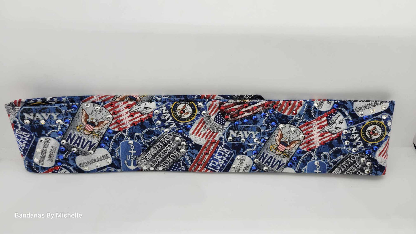 Narrow Navy Bandana with Red, Blue and Diamond Clear Austrian Crystals (Sku1887)
