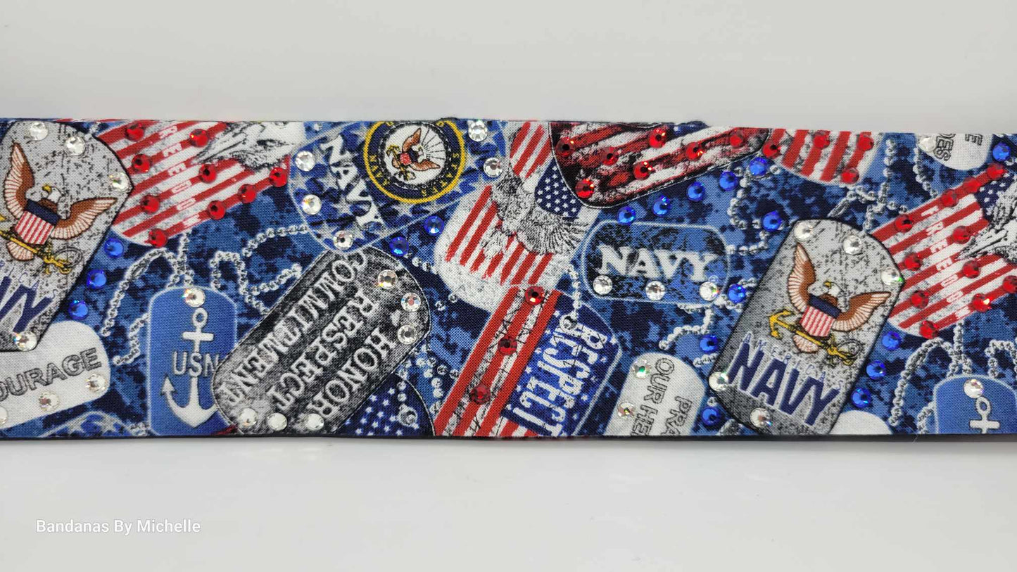 Narrow Navy Bandana with Red, Blue and Diamond Clear Austrian Crystals (Sku1887)