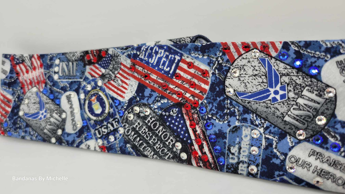 Narrow Air Force Bandana with Red, Blue and Diamond Clear Austrian Crystals (Sku1888)