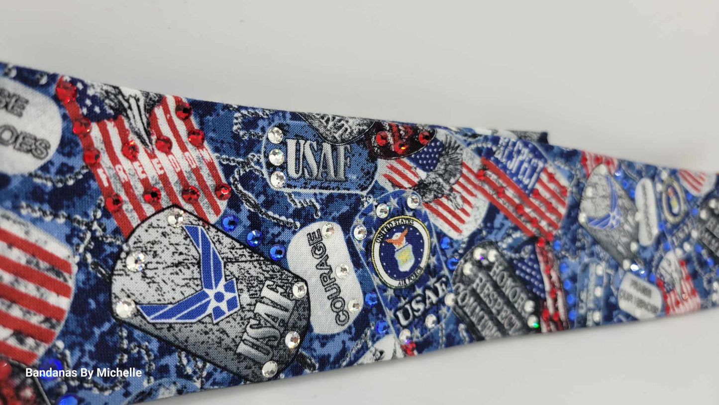 Narrow Air Force Bandana with Red, Blue and Diamond Clear Austrian Crystals (Sku1888)