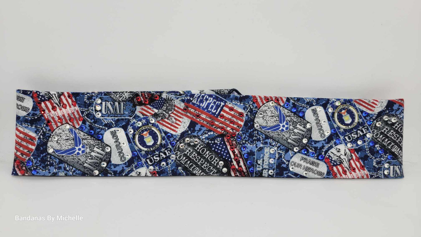 Narrow Air Force Bandana with Red, Blue and Diamond Clear Austrian Crystals (Sku1888)