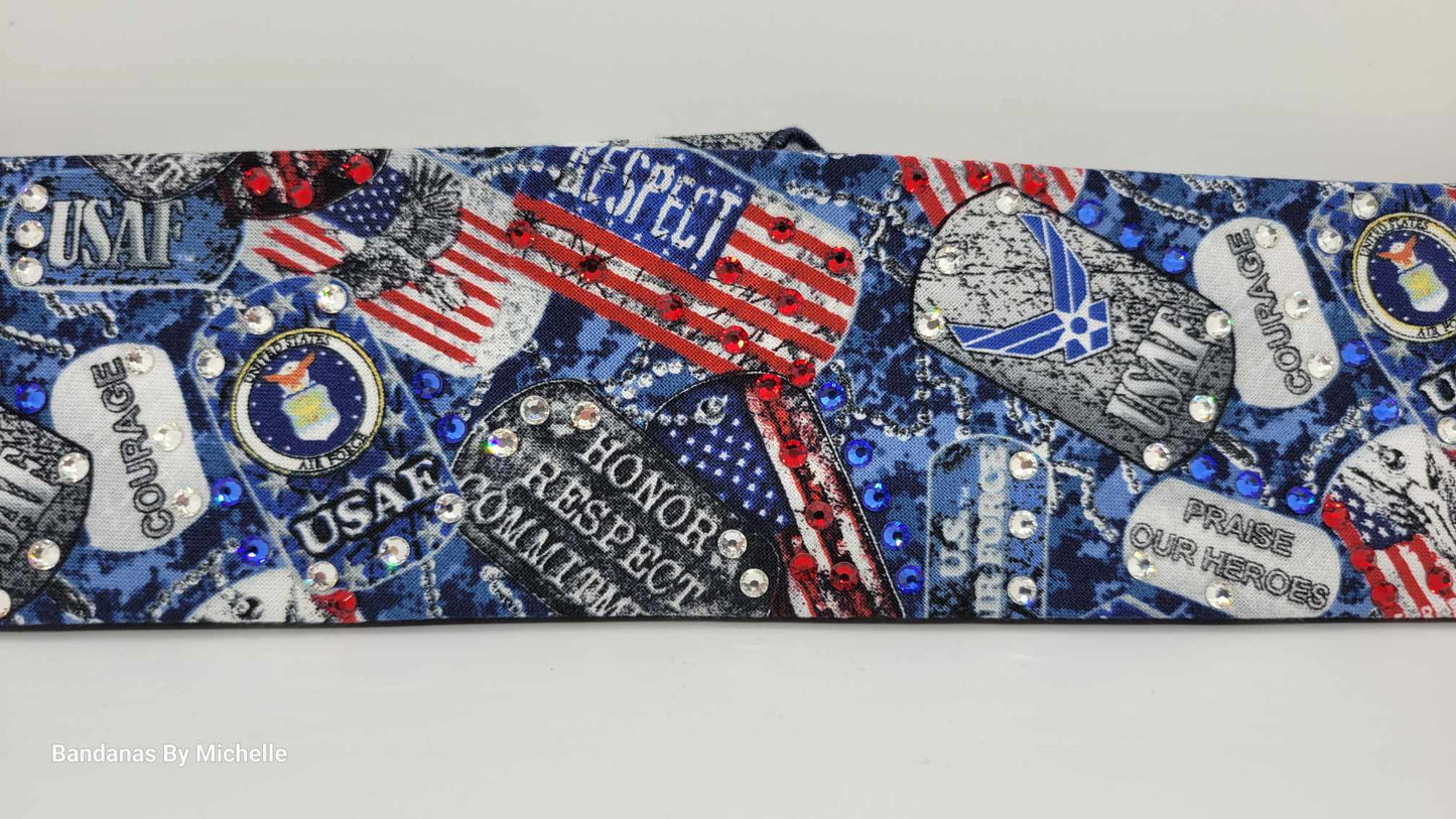 Narrow Air Force Bandana with Red, Blue and Diamond Clear Austrian Crystals (Sku1888)