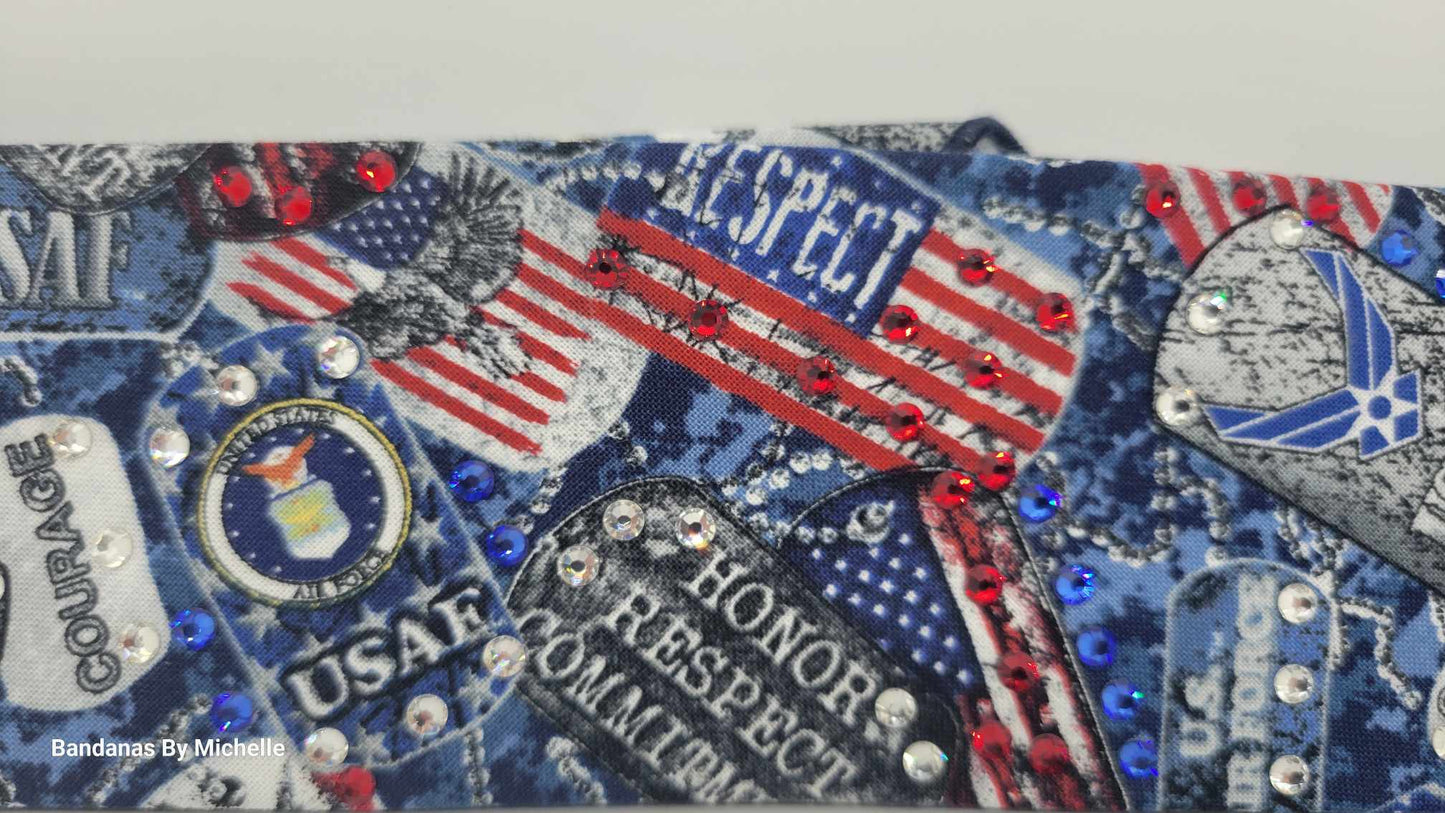 Narrow Air Force Bandana with Red, Blue and Diamond Clear Austrian Crystals (Sku1888)