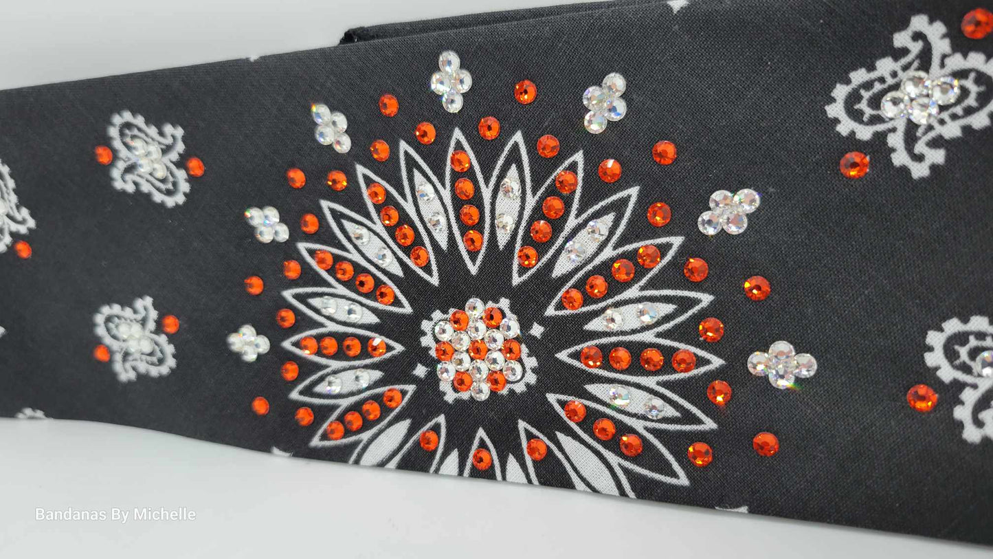 Black Paisley Bandana with Orange and Diamond Clear Austrian Crystals (Sku1907)