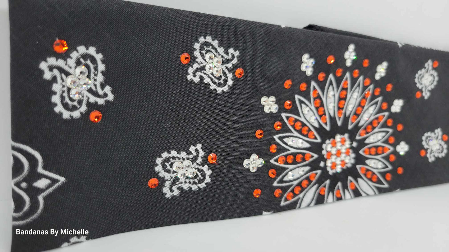 Black Paisley Bandana with Orange and Diamond Clear Austrian Crystals (Sku1907)