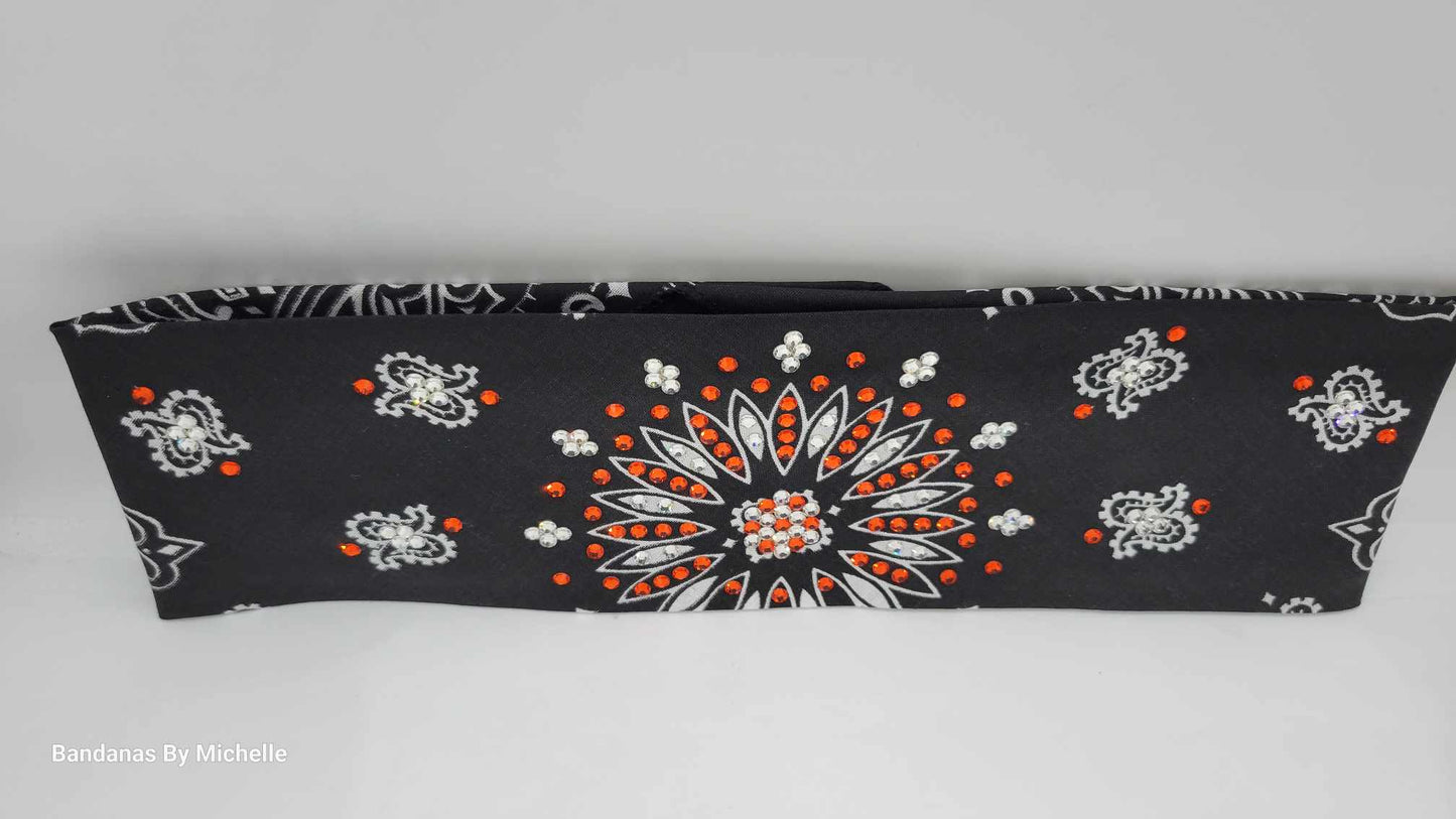 Black Paisley Bandana with Orange and Diamond Clear Austrian Crystals (Sku1907)