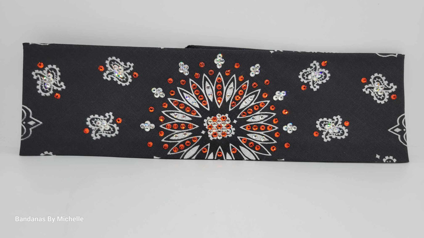Black Paisley Bandana with Orange and Diamond Clear Austrian Crystals (Sku1907)