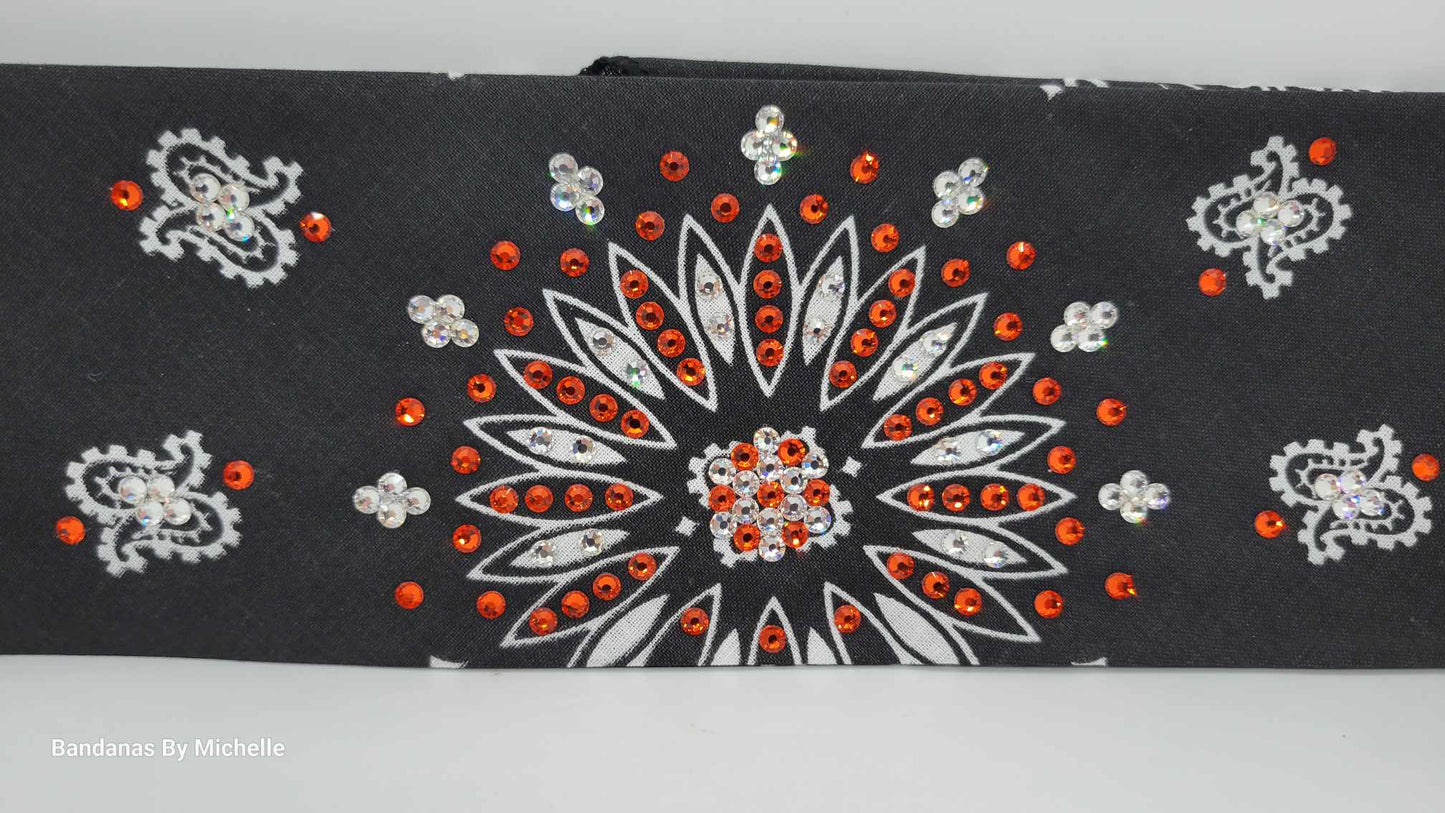 Black Paisley Bandana with Orange and Diamond Clear Austrian Crystals (Sku1907)