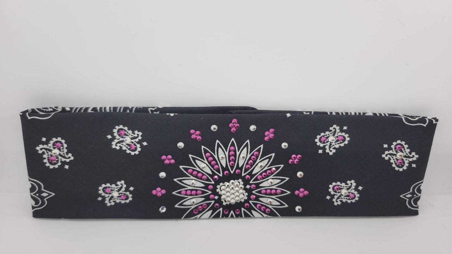 Black Paisley Bandana with Fuchsia and Diamond Clear Austrian Crystals (Sku1910)