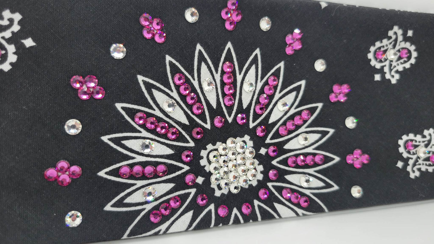 Black Paisley Bandana with Fuchsia and Diamond Clear Austrian Crystals (Sku1910)