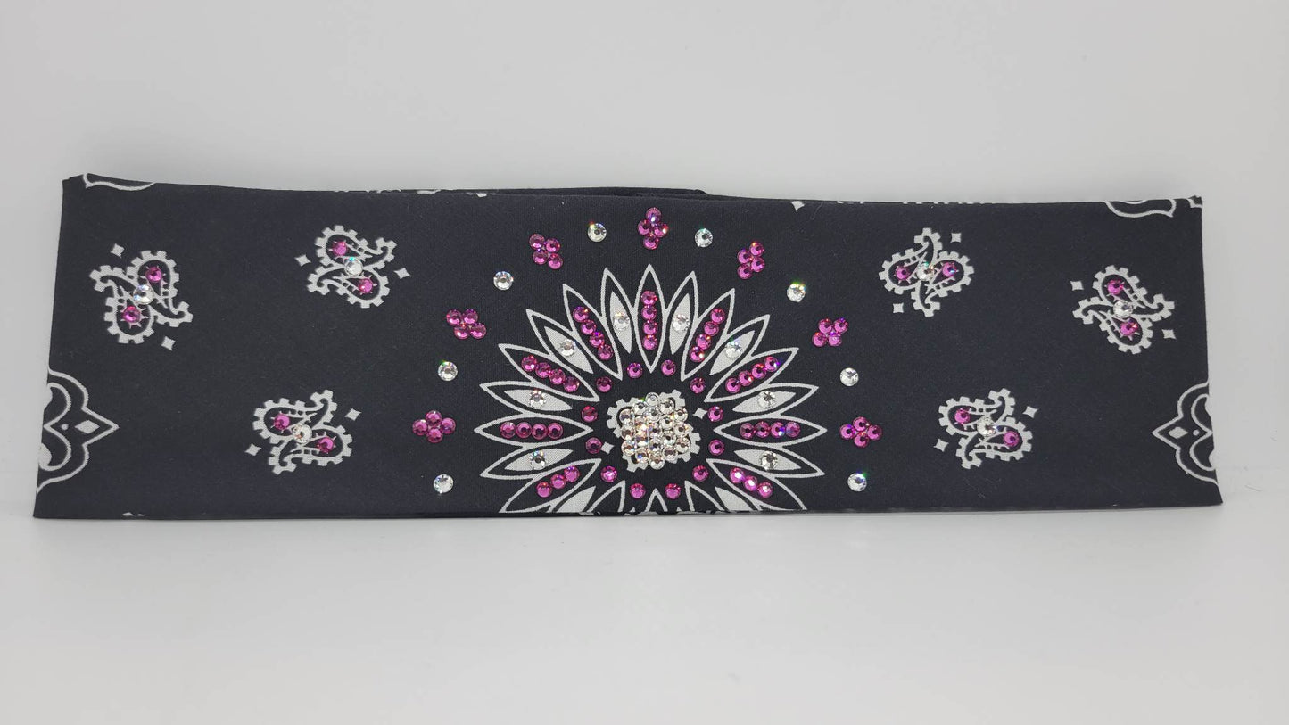 Black Paisley Bandana with Fuchsia and Diamond Clear Austrian Crystals (Sku1910)