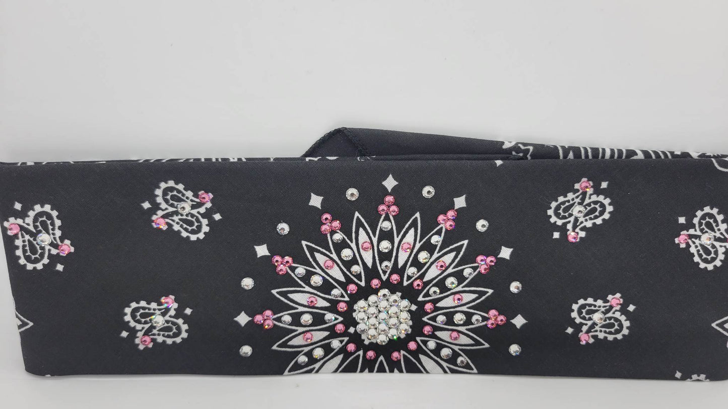 Black Paisley Bandana with Light Pink and Diamond Clear Austrian Crystals (Sku1914)