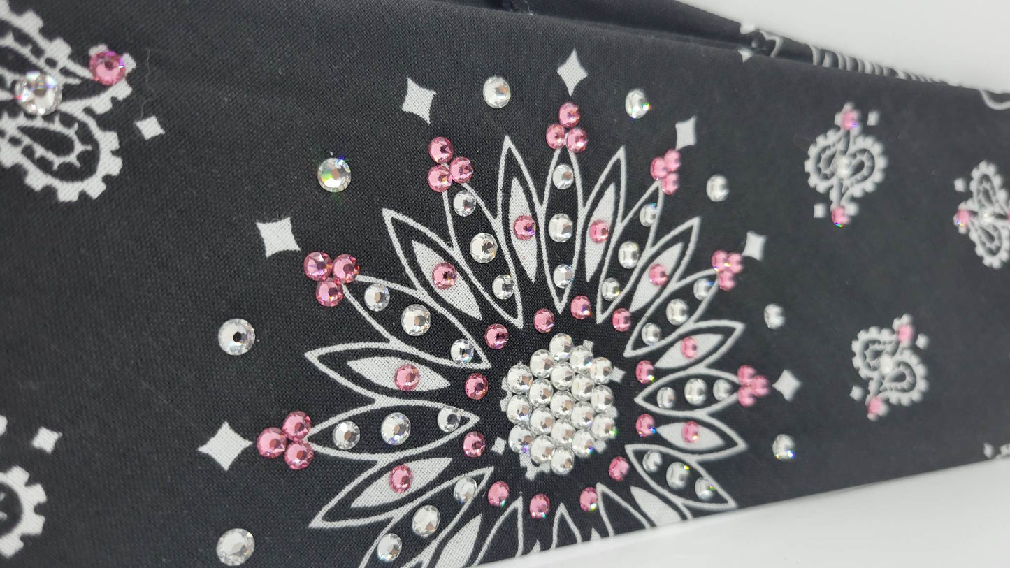 Black Paisley Bandana with Light Pink and Diamond Clear Austrian Crystals (Sku1914)