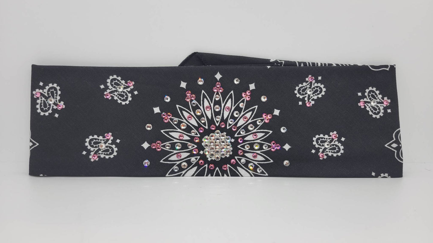Black Paisley Bandana with Light Pink and Diamond Clear Austrian Crystals (Sku1914)