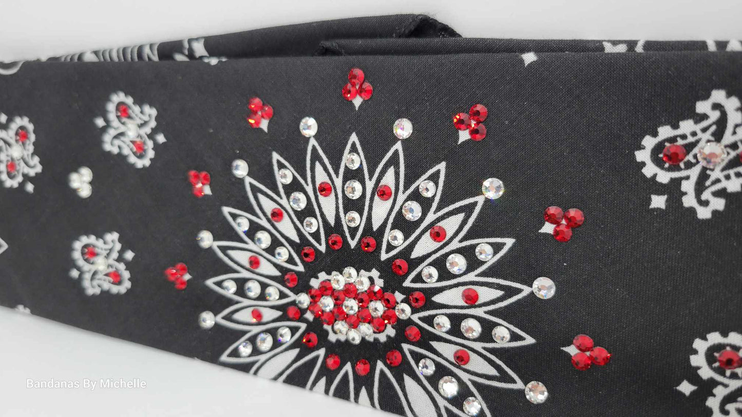 Black Paisley Bandana with Red and Diamond Clear Austrian Crystals (Sku1923)