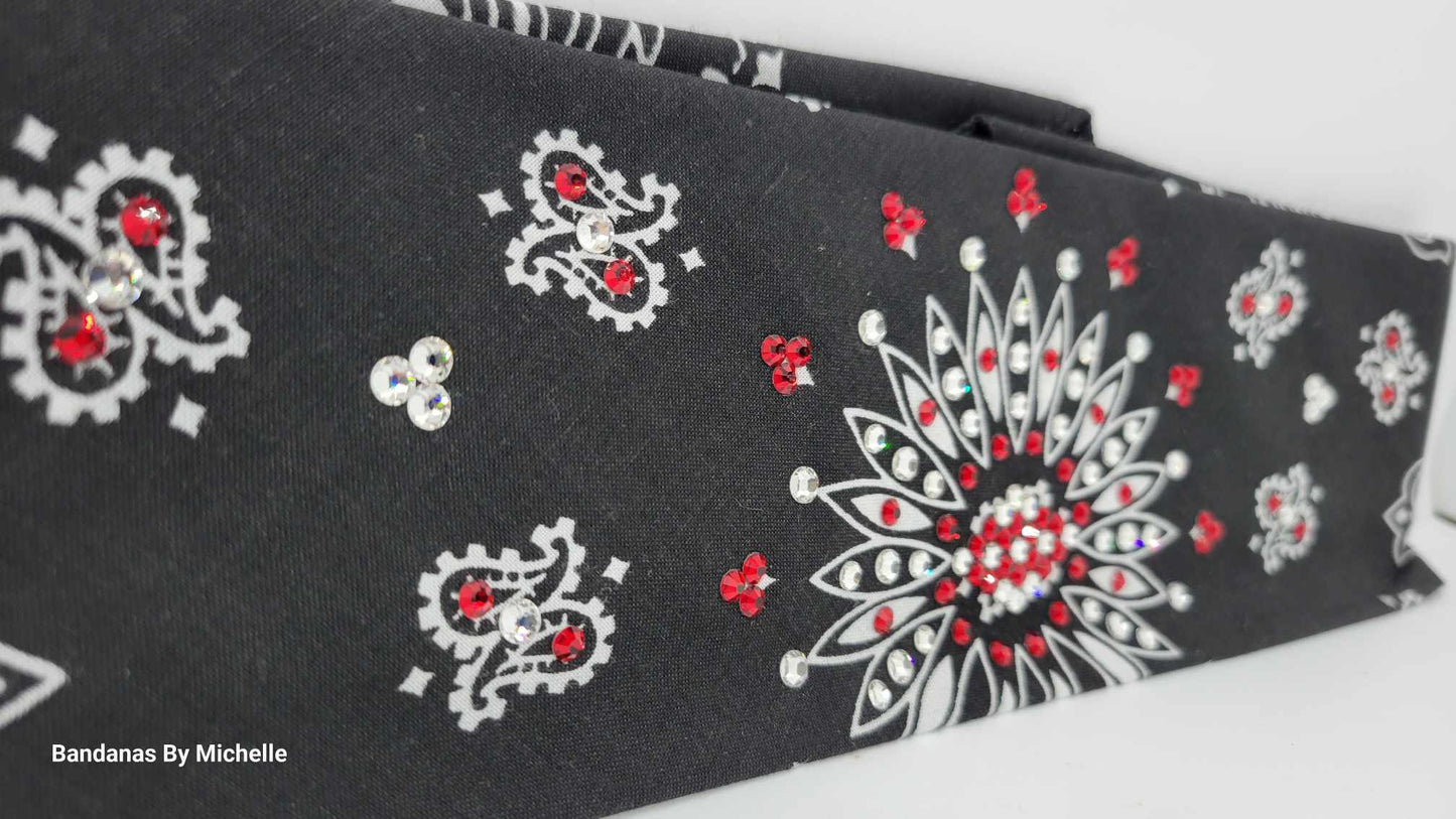 Black Paisley Bandana with Red and Diamond Clear Austrian Crystals (Sku1923)