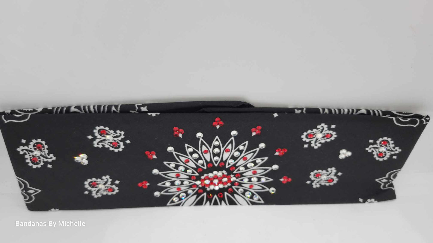 Black Paisley Bandana with Red and Diamond Clear Austrian Crystals (Sku1923)