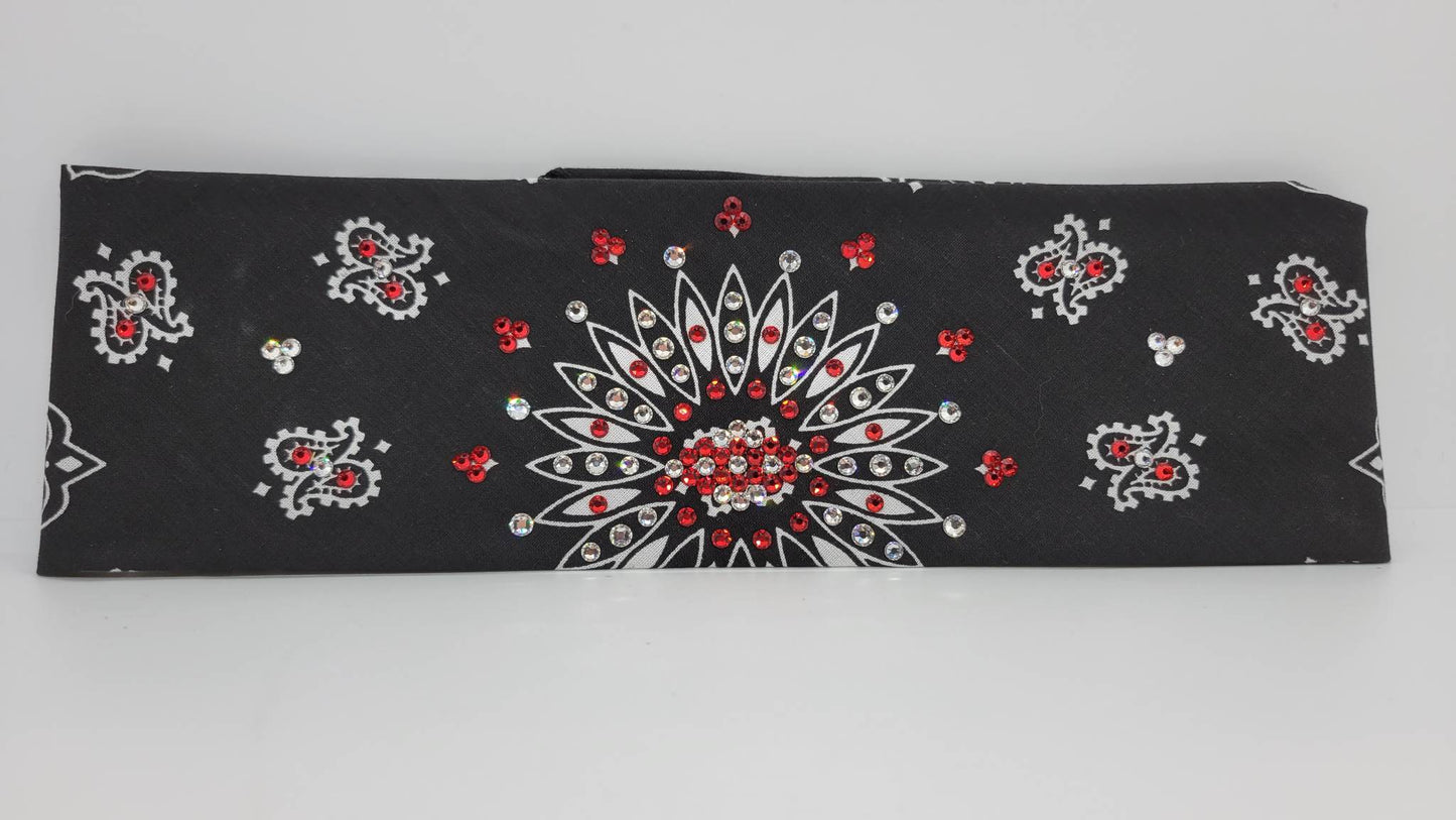Black Paisley Bandana with Red and Diamond Clear Austrian Crystals (Sku1923)