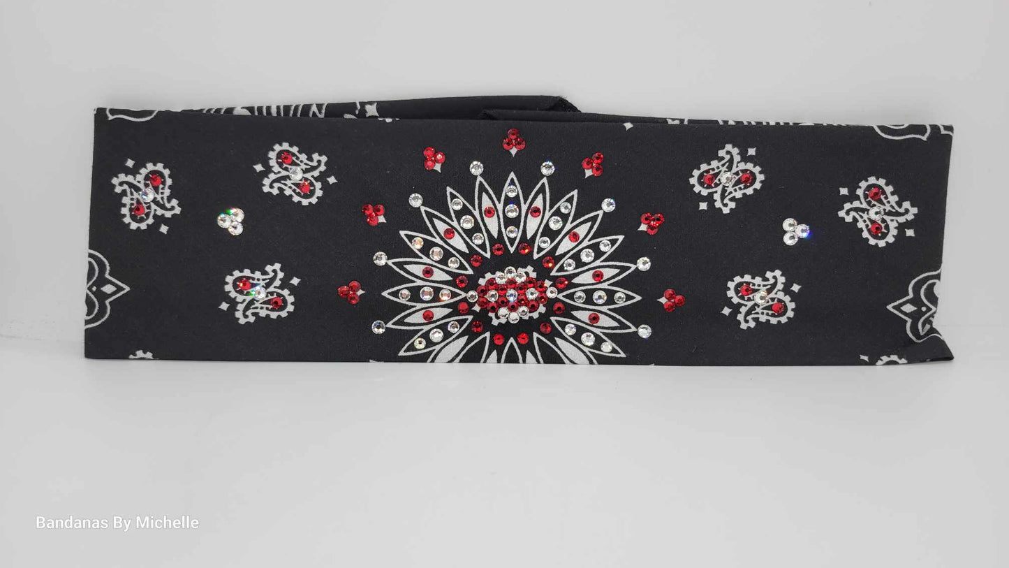 Black Paisley Bandana with Red and Diamond Clear Austrian Crystals (Sku1923)