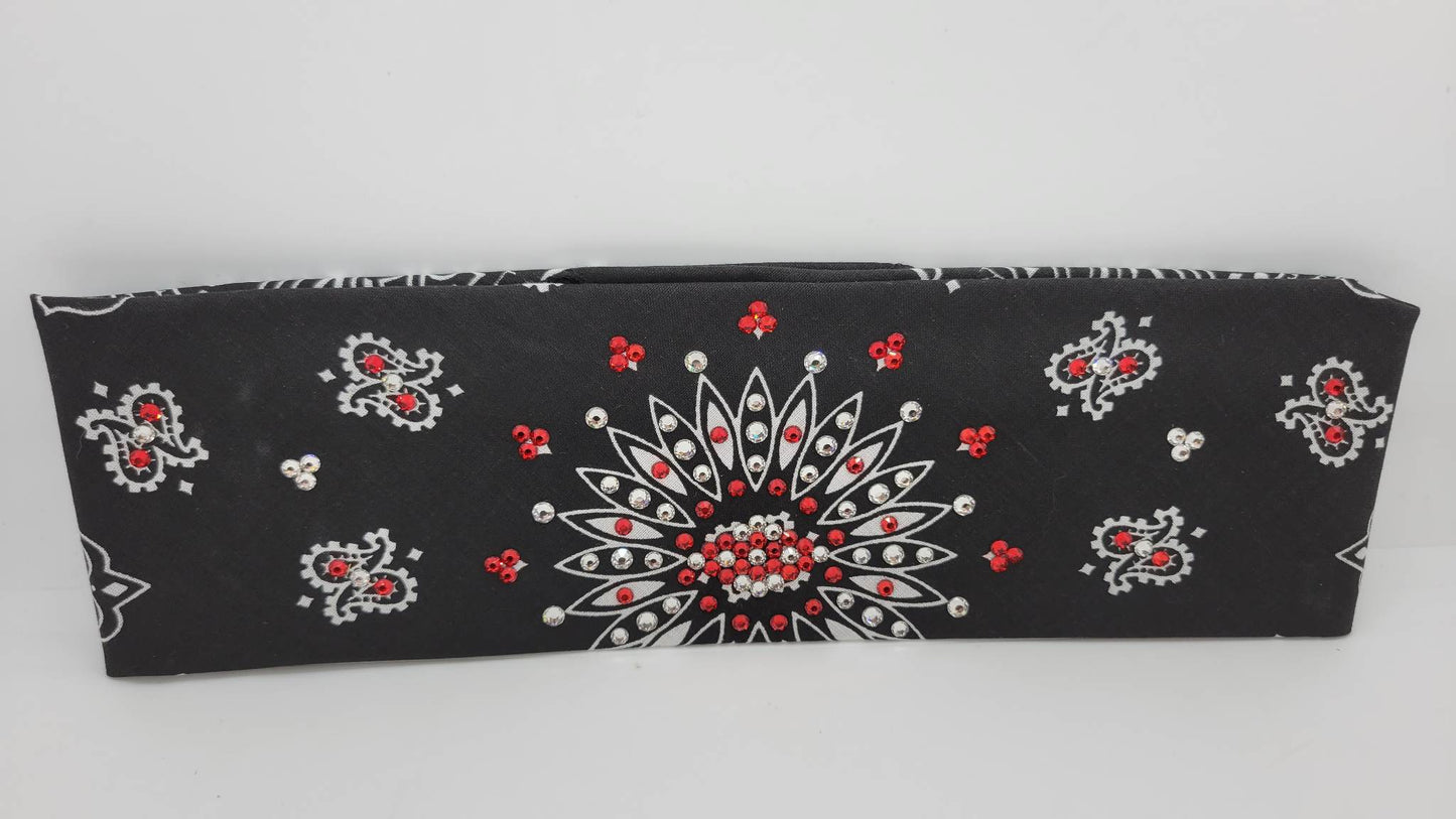 Black Paisley Bandana with Red and Diamond Clear Austrian Crystals (Sku1923)