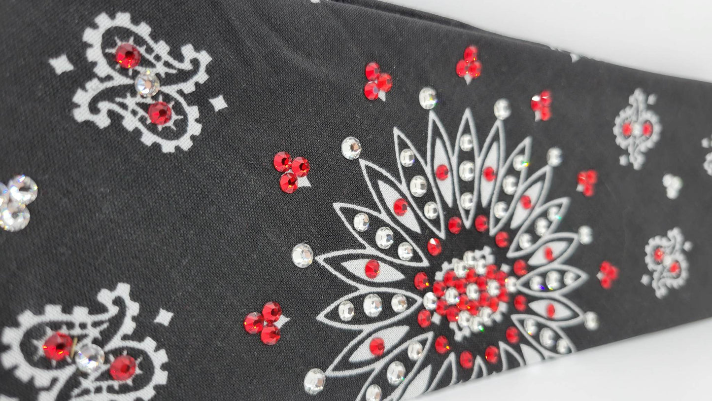 Black Paisley Bandana with Red and Diamond Clear Austrian Crystals (Sku1923)